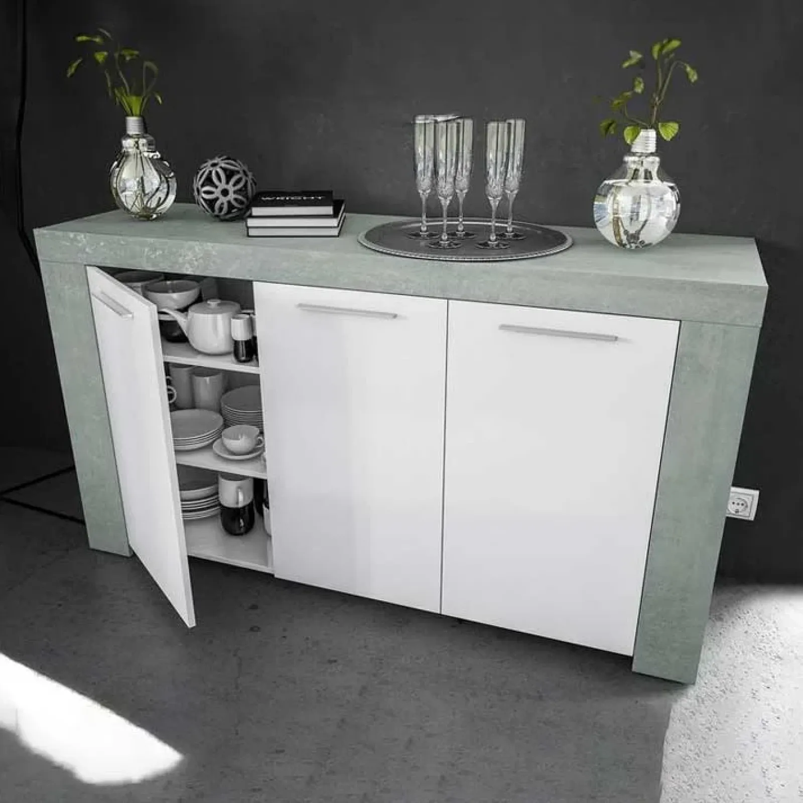 Garnero Arredamenti Credenze Moderne|Madie Moderne-Credenza 144x80h cm moderna soggiorno bianco cemento Zante