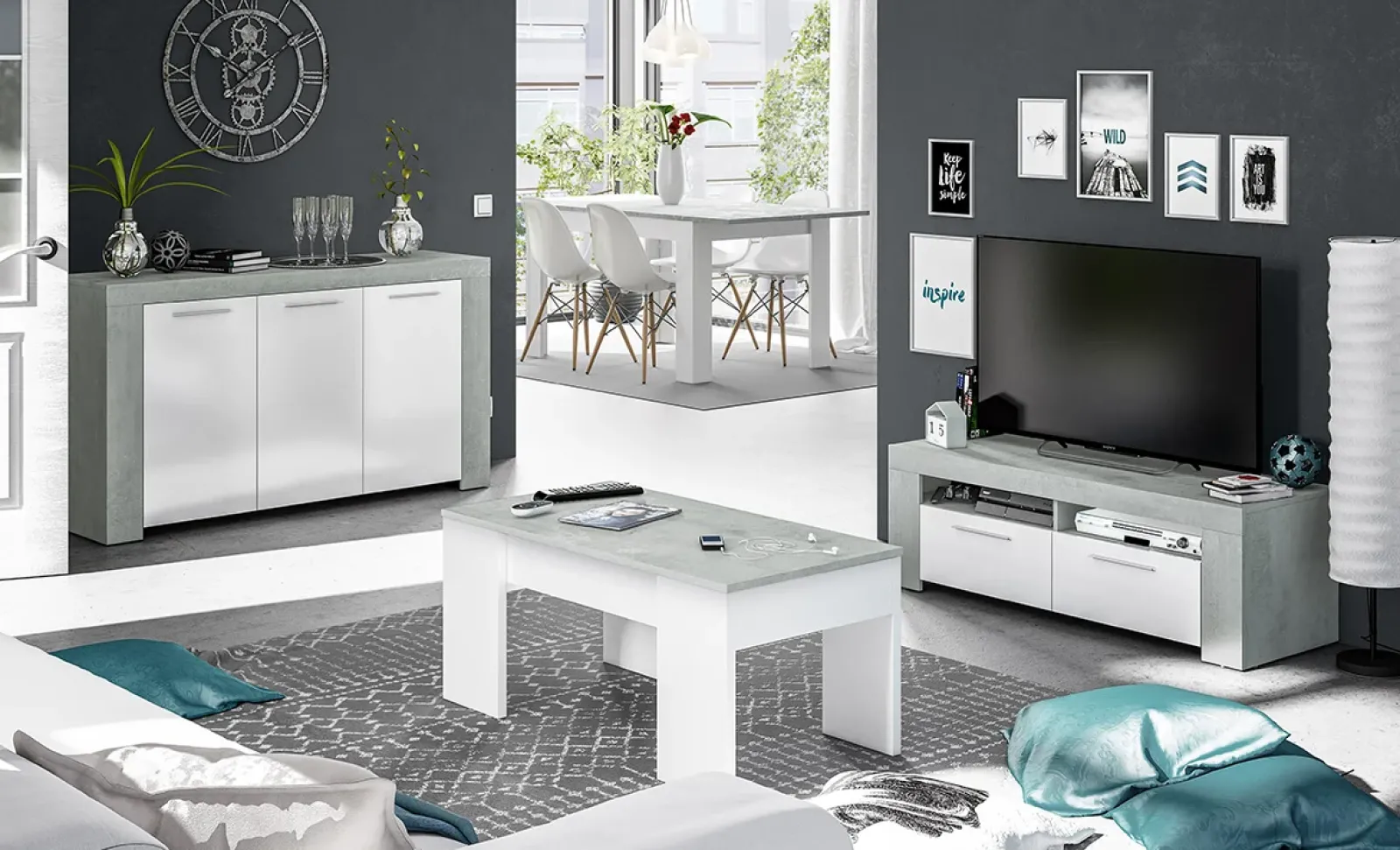 Garnero Arredamenti Credenze Moderne|Madie Moderne-Credenza 144x80h cm moderna soggiorno bianco cemento Zante