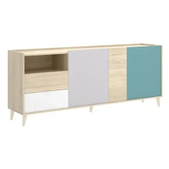 Garnero Arredamenti Credenze Moderne|Madie Moderne-Credenza 180x75h cm soggiorno rovere grigio bianco petrolio Dominic