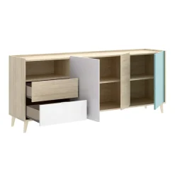 Garnero Arredamenti Credenze Moderne|Madie Moderne-Credenza 180x75h cm soggiorno rovere grigio bianco petrolio Dominic