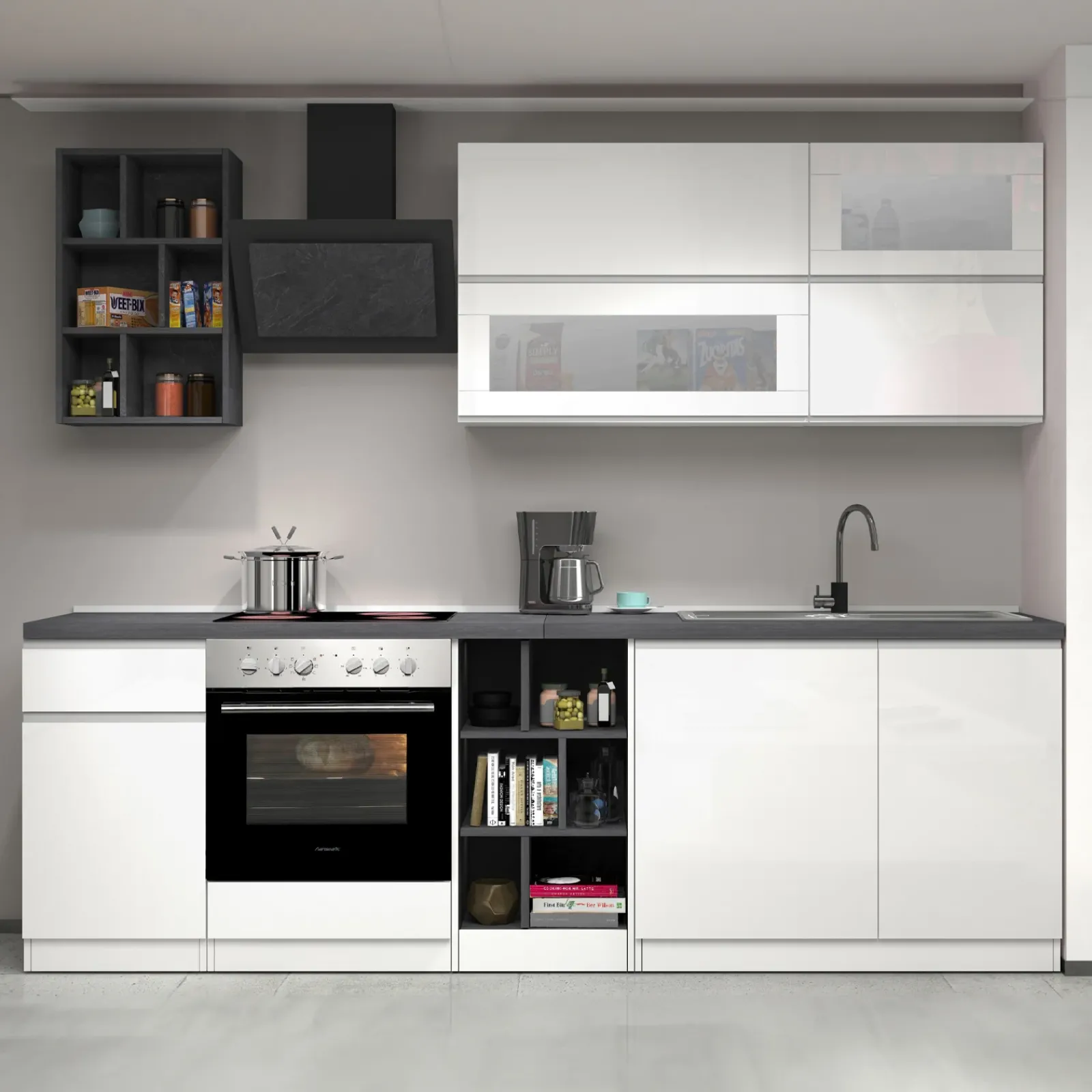 Garnero Arredamenti Cucine Complete|Cucine Complete-Cucina 255cm componibile lineare moderna bianco grigio pietra Gourmet Prestige Bianco Lucido - Grigio pietra
