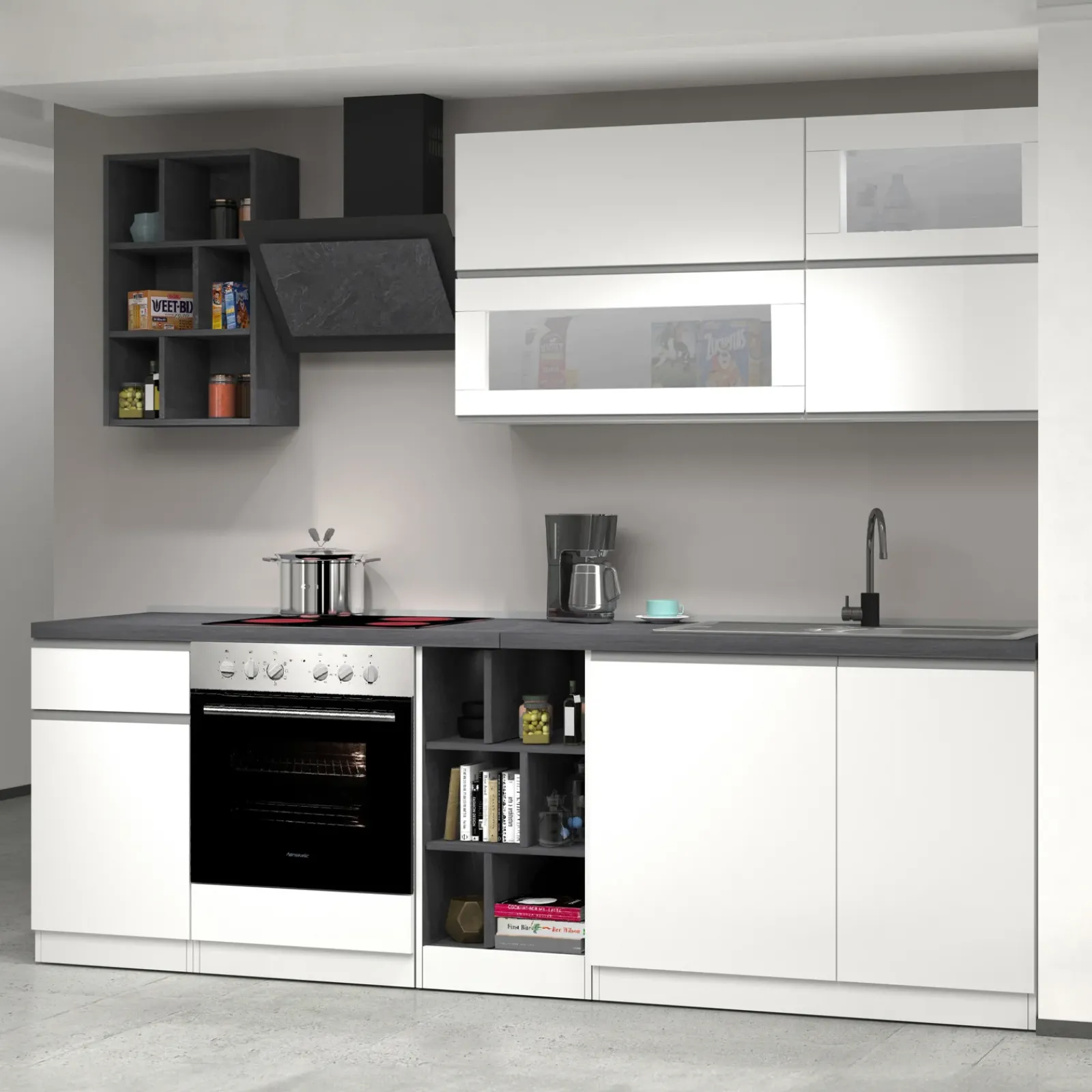 Garnero Arredamenti Cucine Complete|Cucine Complete-Cucina 255cm componibile lineare moderna bianco grigio pietra Gourmet Prestige Bianco Lucido - Grigio pietra