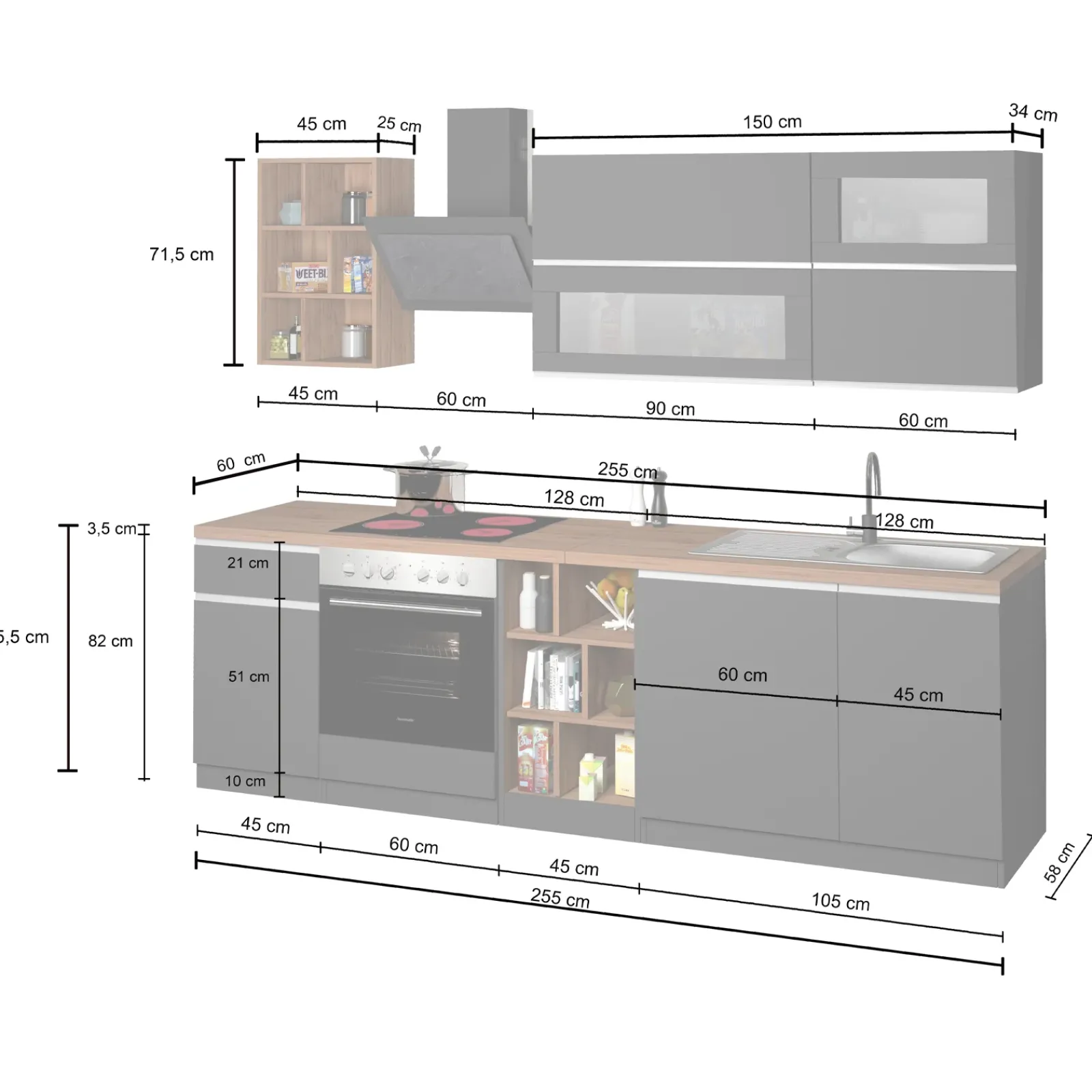 Garnero Arredamenti Cucine Complete|Cucine Complete-Cucina 255cm componibile lineare moderna bianco grigio pietra Gourmet Prestige Bianco Lucido - Grigio pietra