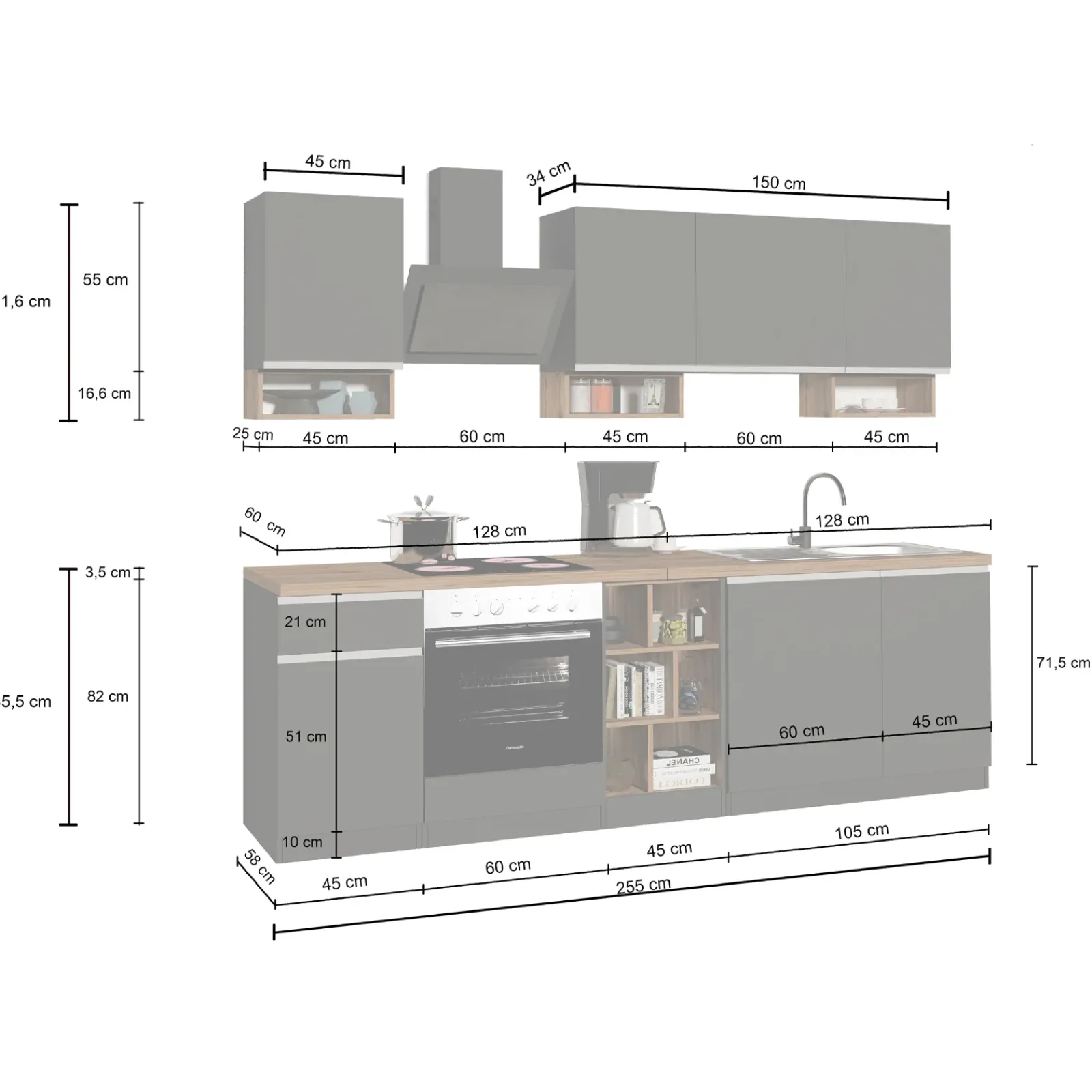 Garnero Arredamenti Cucine Complete|Cucine Complete-Cucina 255cm componibile lineare moderna antracite rovere Gourmet Elegance Antracite - Rovere