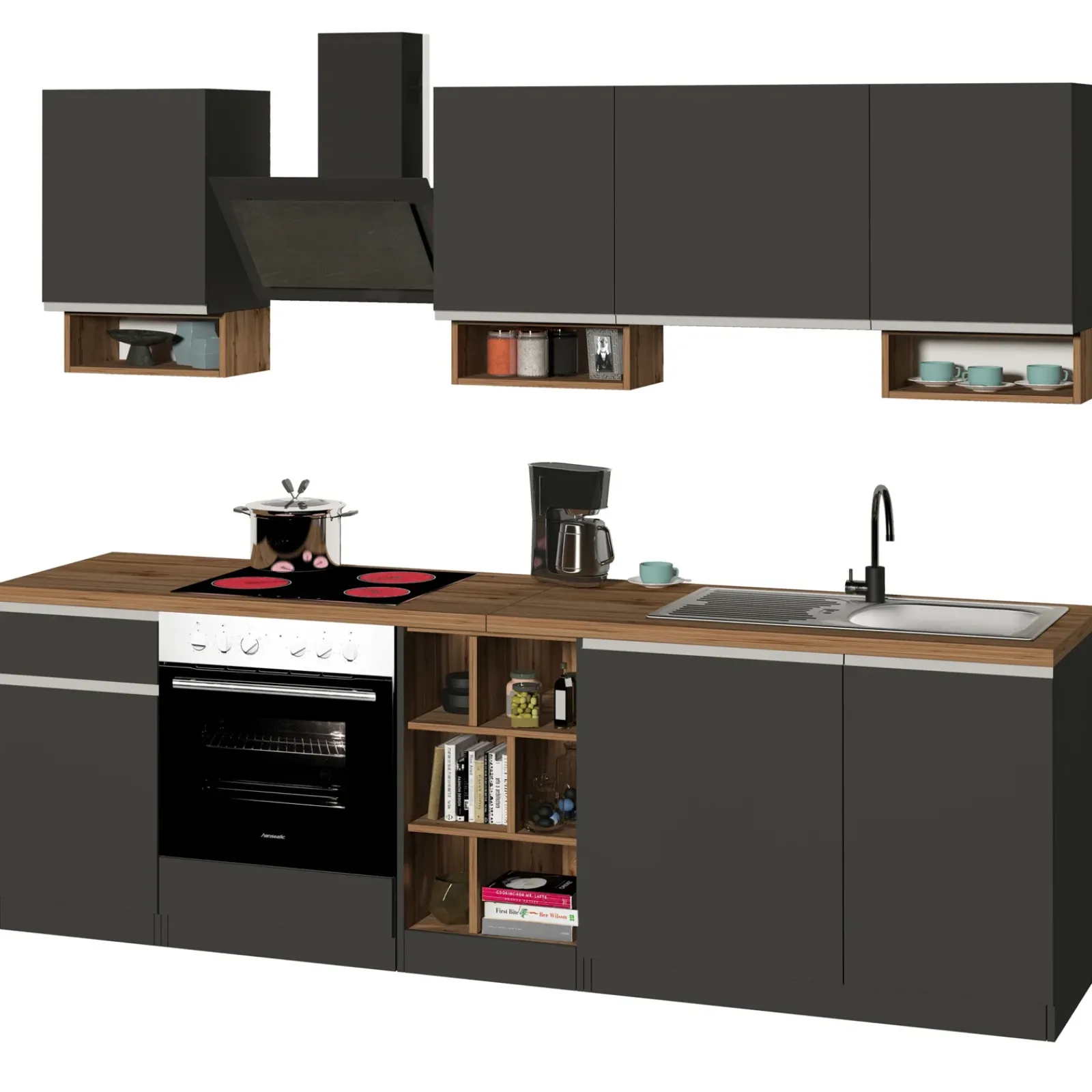 Garnero Arredamenti Cucine Complete|Cucine Complete-Cucina 255cm componibile lineare moderna antracite rovere Gourmet Elegance Antracite - Rovere
