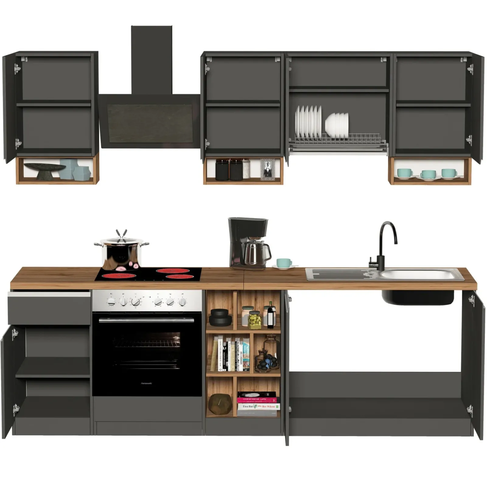 Garnero Arredamenti Cucine Complete|Cucine Complete-Cucina 255cm componibile lineare moderna antracite rovere Gourmet Elegance Antracite - Rovere
