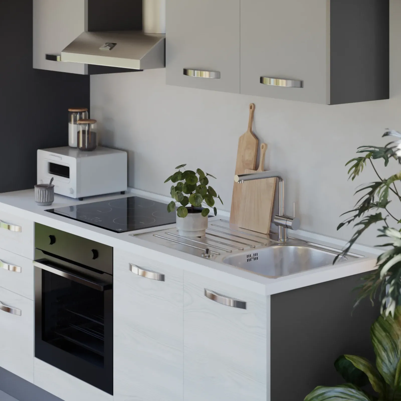 Garnero Arredamenti Cucine Complete|Cucine Complete-Cucina 255cm reversibile lineare bianco frassinato grigio MasterChef