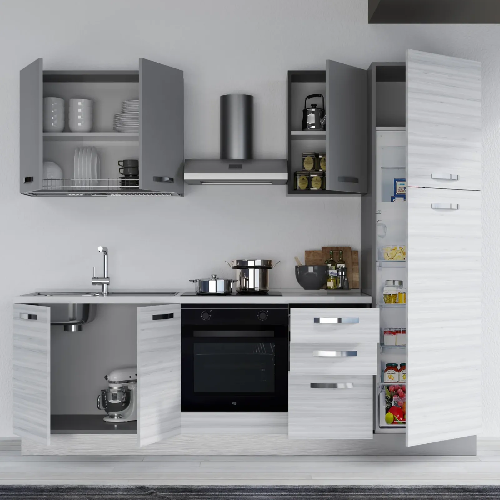 Garnero Arredamenti Cucine Complete|Cucine Complete-Cucina 255cm reversibile lineare bianco frassinato grigio MasterChef
