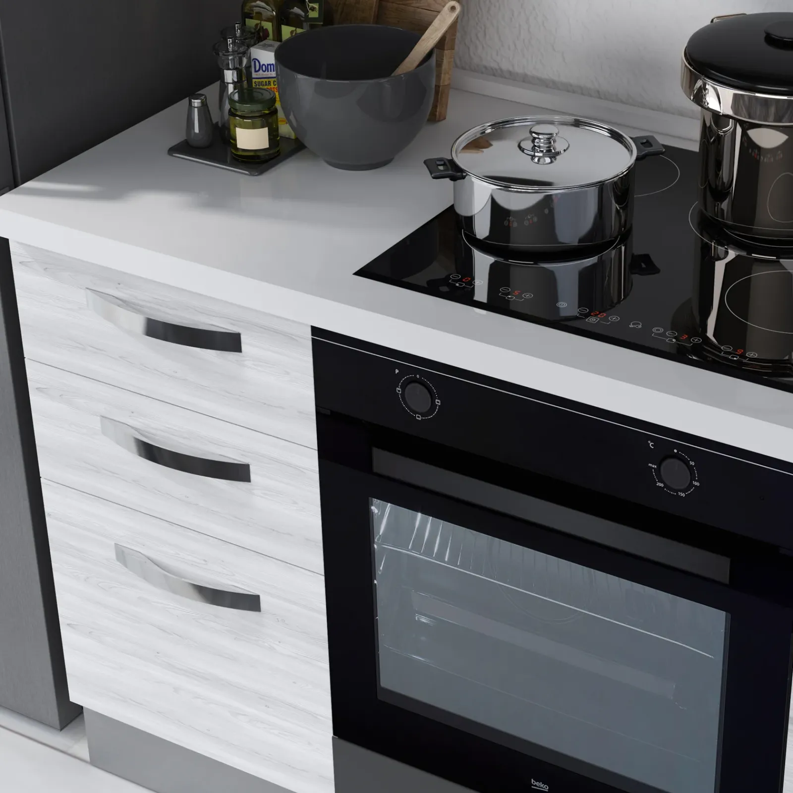 Garnero Arredamenti Cucine Complete|Cucine Complete-Cucina 255cm reversibile moderna lineare bianco frassinato grigio Cookery