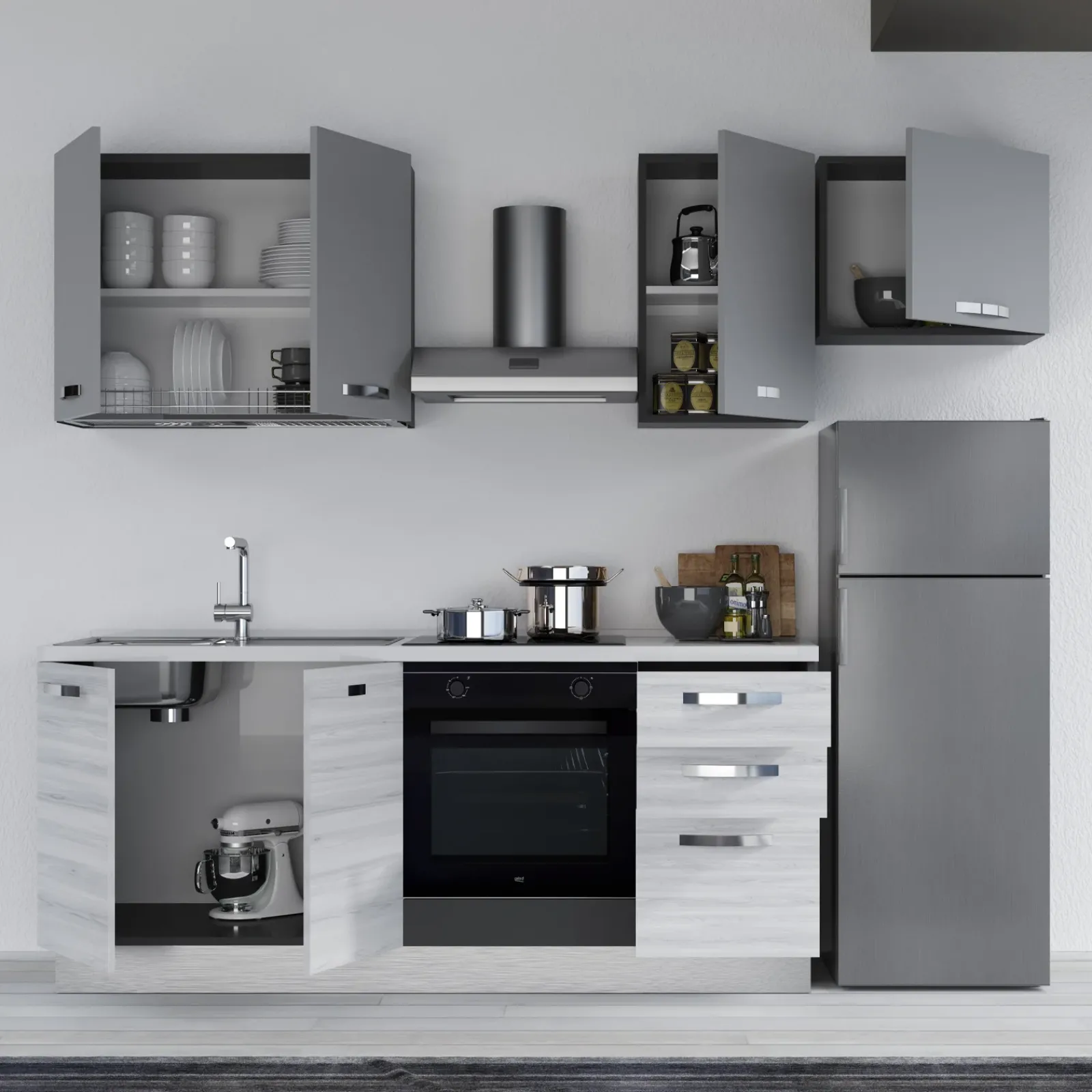 Garnero Arredamenti Cucine Complete|Cucine Complete-Cucina 255cm reversibile moderna lineare bianco frassinato grigio Cookery