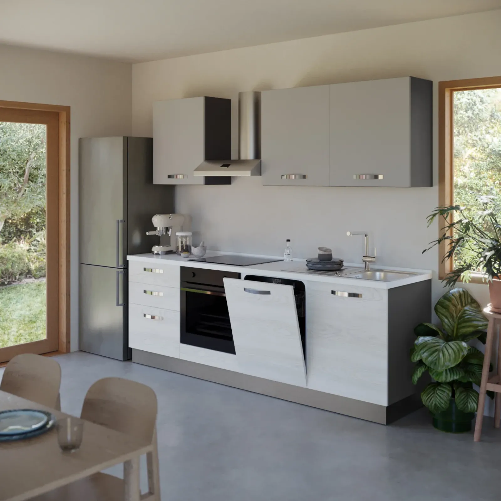 Garnero Arredamenti Cucine Complete|Cucine Complete-Cucina 240cm reversibile moderna lineare bianco frassinato grigio CookArt