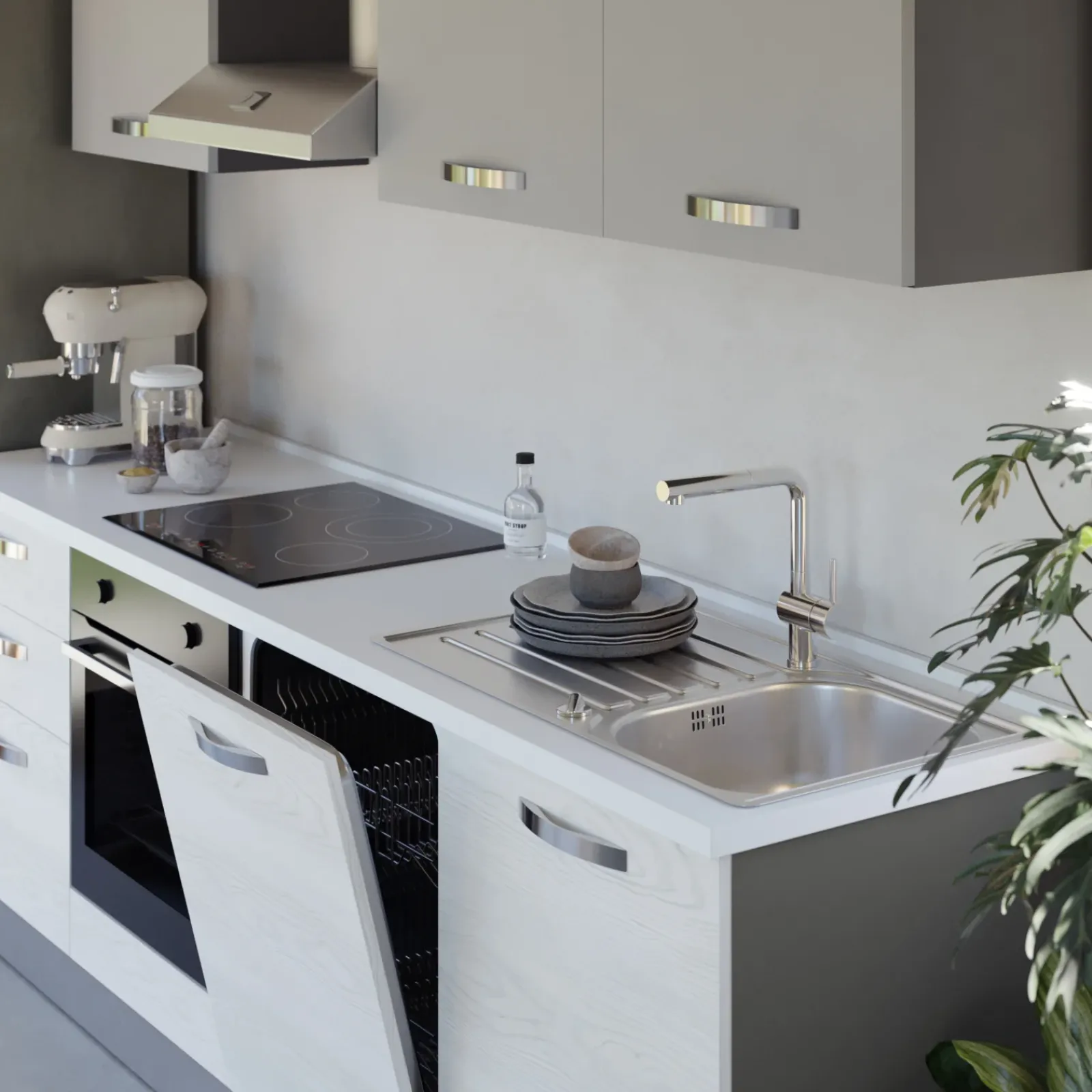 Garnero Arredamenti Cucine Complete|Cucine Complete-Cucina 240cm reversibile moderna lineare bianco frassinato grigio CookArt