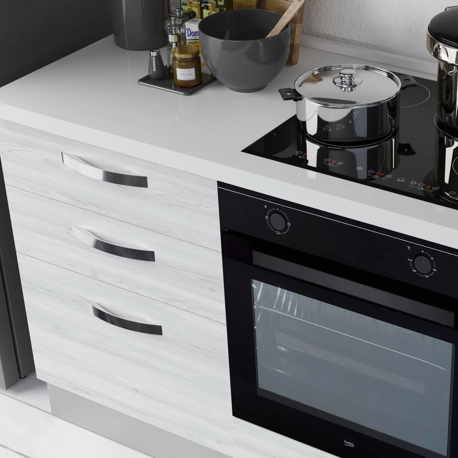 Garnero Arredamenti Cucine Complete|Cucine Complete-Cucina 240cm reversibile moderna lineare bianco frassinato grigio CookArt