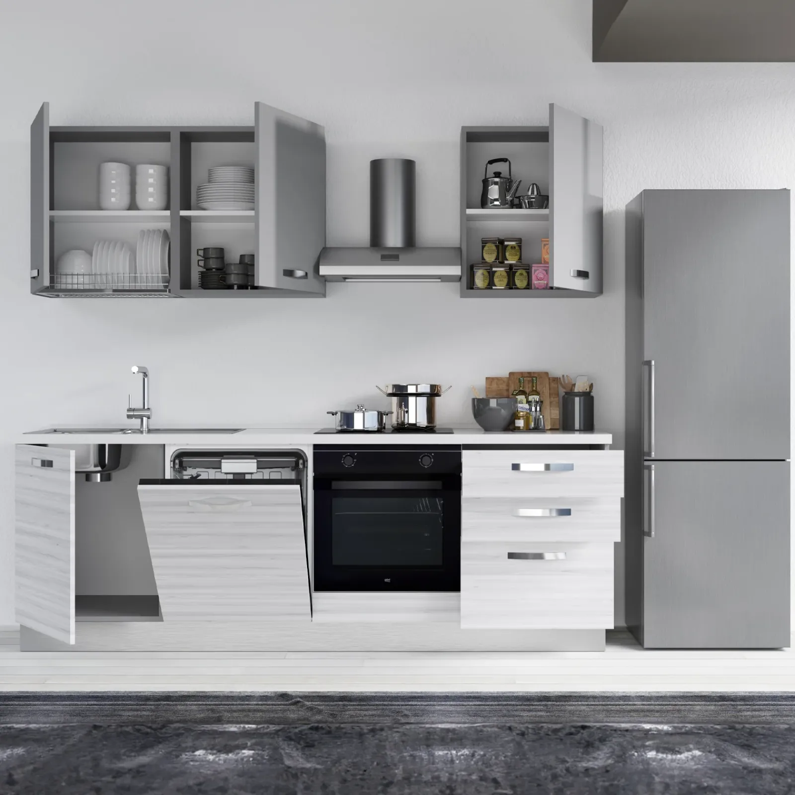 Garnero Arredamenti Cucine Complete|Cucine Complete-Cucina 240cm reversibile moderna lineare bianco frassinato grigio CookArt