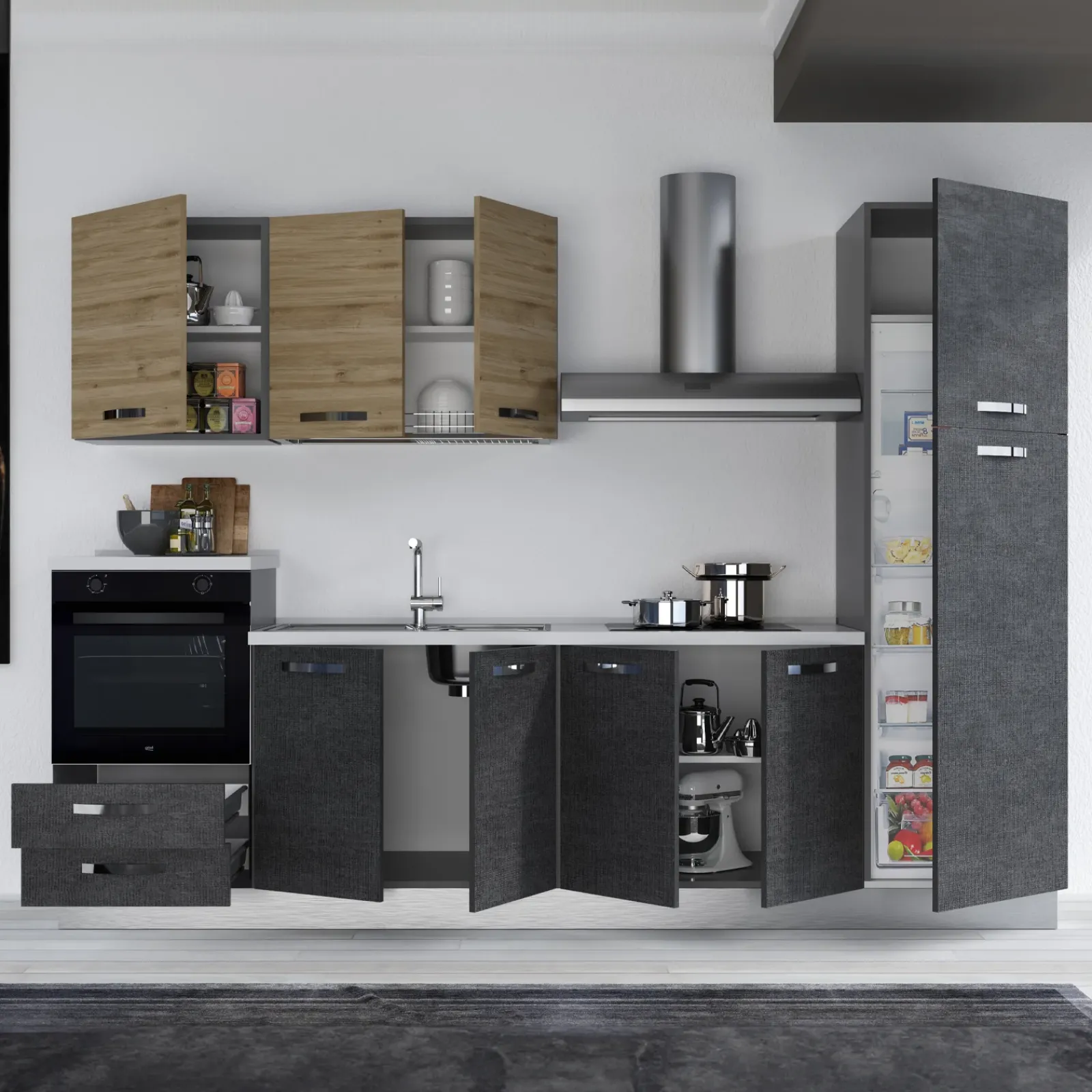 Garnero Arredamenti Cucine Complete|Cucine Complete-Cucina 300cm reversibile moderna lineare rovere antracite ChefStyle