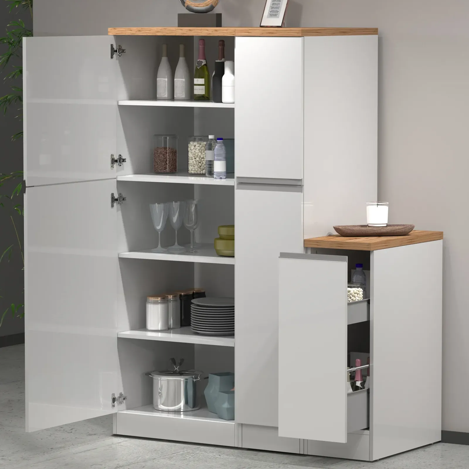 Garnero Arredamenti Scaffali E Dispense-Dispensa cucina bassa 30x85h cm scorrevole bianco rovere Gourmet Bianco Lucido - Rovere
