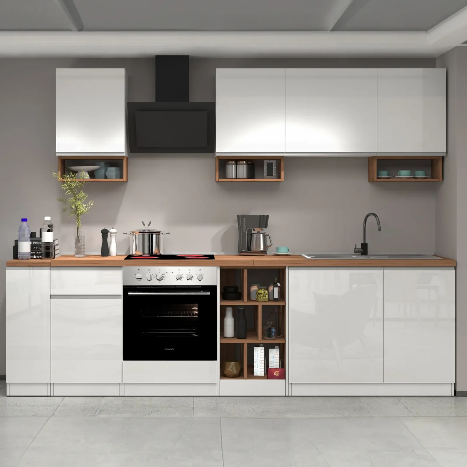Garnero Arredamenti Scaffali E Dispense-Dispensa cucina bassa 30x85h cm scorrevole bianco rovere Gourmet Bianco Lucido - Rovere