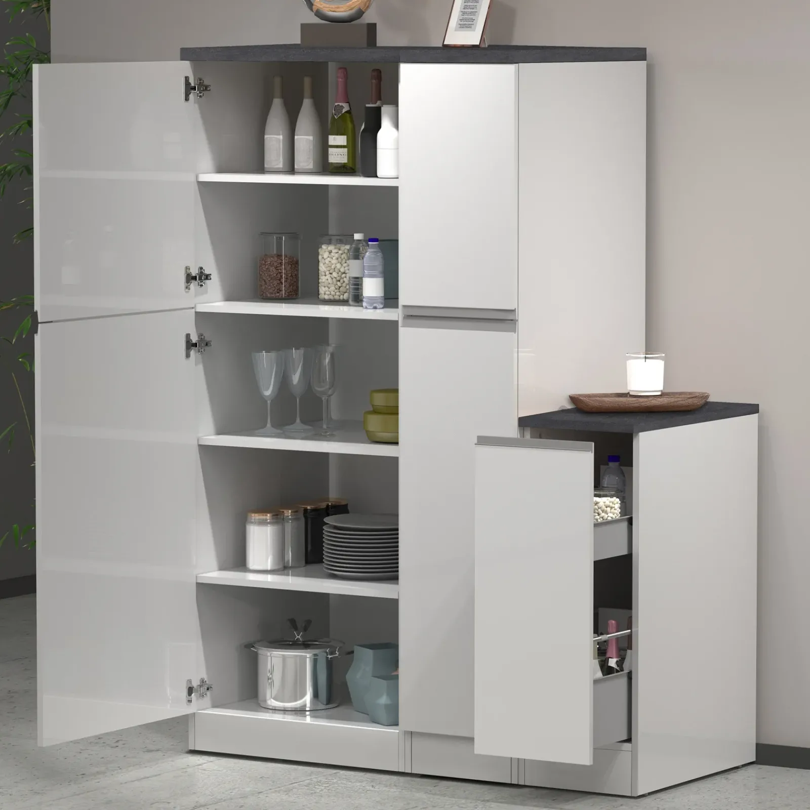 Garnero Arredamenti Scaffali E Dispense-Dispensa cucina 60x165h cm 4 ripiani bianco grigio pietra Gourmet Bianco Lucido - Grigio pietra