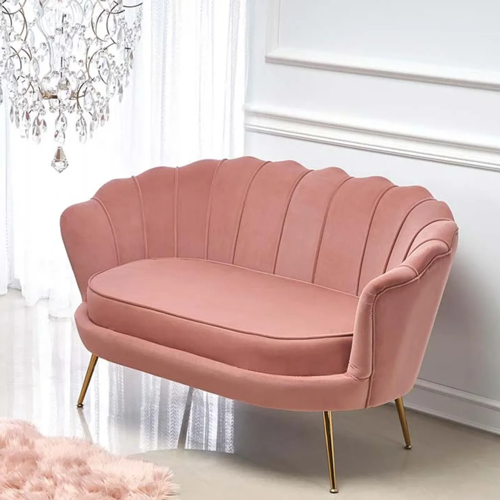 Garnero Arredamenti Divani Lineari-Divanetto 131x77cm 2 posti imbottito in velluto rosa antico gambe in oro Gabriella Tessuto Vellutino Rosa