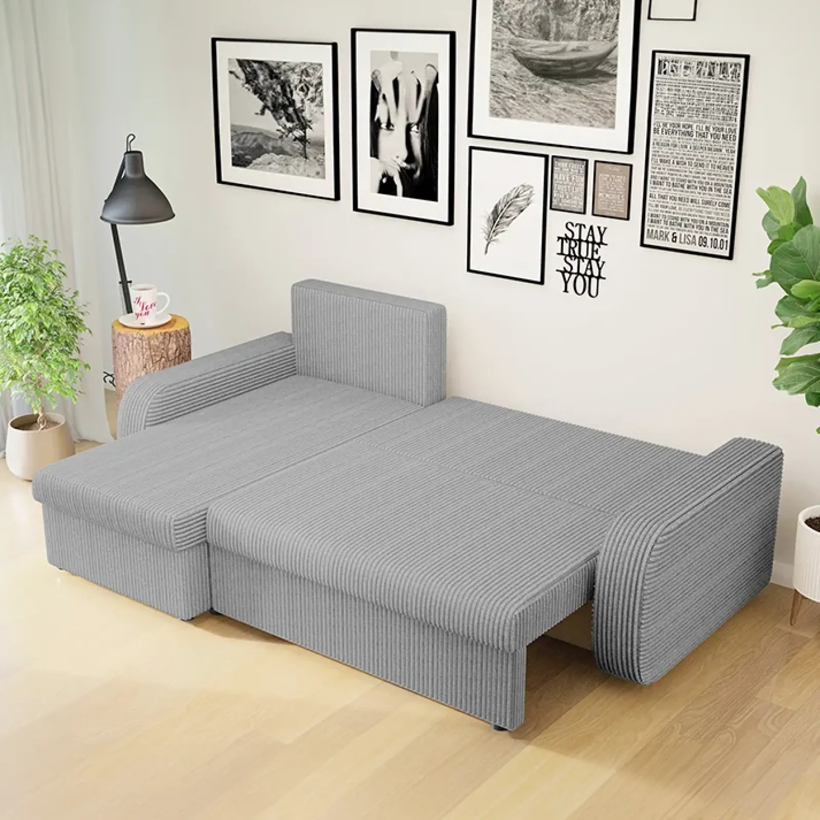 Garnero Arredamenti Divani Angolari|Divani Letto-Divano angolare letto 238x147cm 3 posti velluto a coste grigio Flow Velluto Poso Grigio