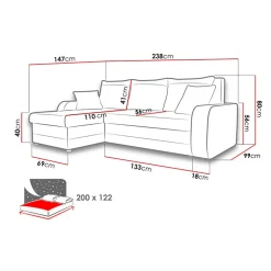Garnero Arredamenti Divani Angolari|Divani Letto-Divano angolare letto 238x147cm 3 posti grigio scuro nero Flow Tessuto 100% polipropilene Grigio