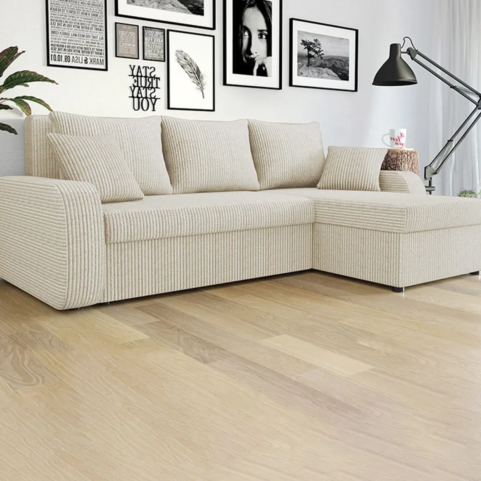 Garnero Arredamenti Divani Angolari|Divani Letto-Divano angolare letto 238x147cm 3 posti velluto a coste beige Flow Velluto Poso Beige