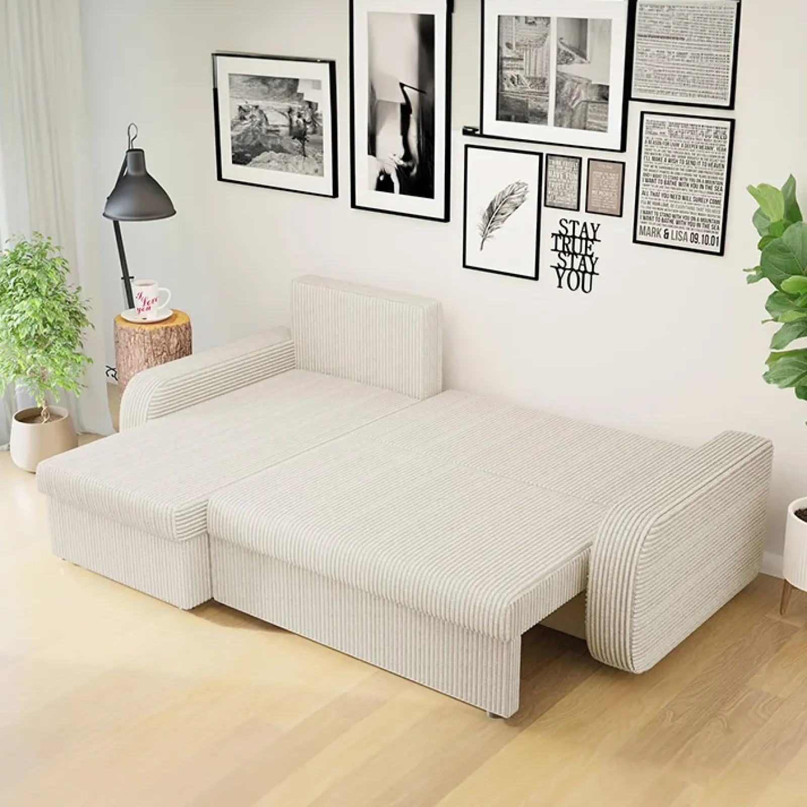 Garnero Arredamenti Divani Angolari|Divani Letto-Divano angolare letto 238x147cm 3 posti velluto a coste beige Flow Velluto Poso Beige