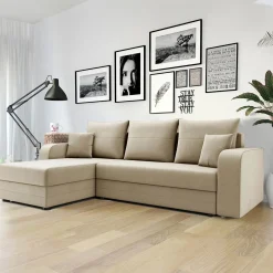 Garnero Arredamenti Divani Angolari|Divani Letto-Divano angolare letto 237x139cm 3 posti matrimoniale angolare beige Flow Tessuto Vellutato Manila Beige