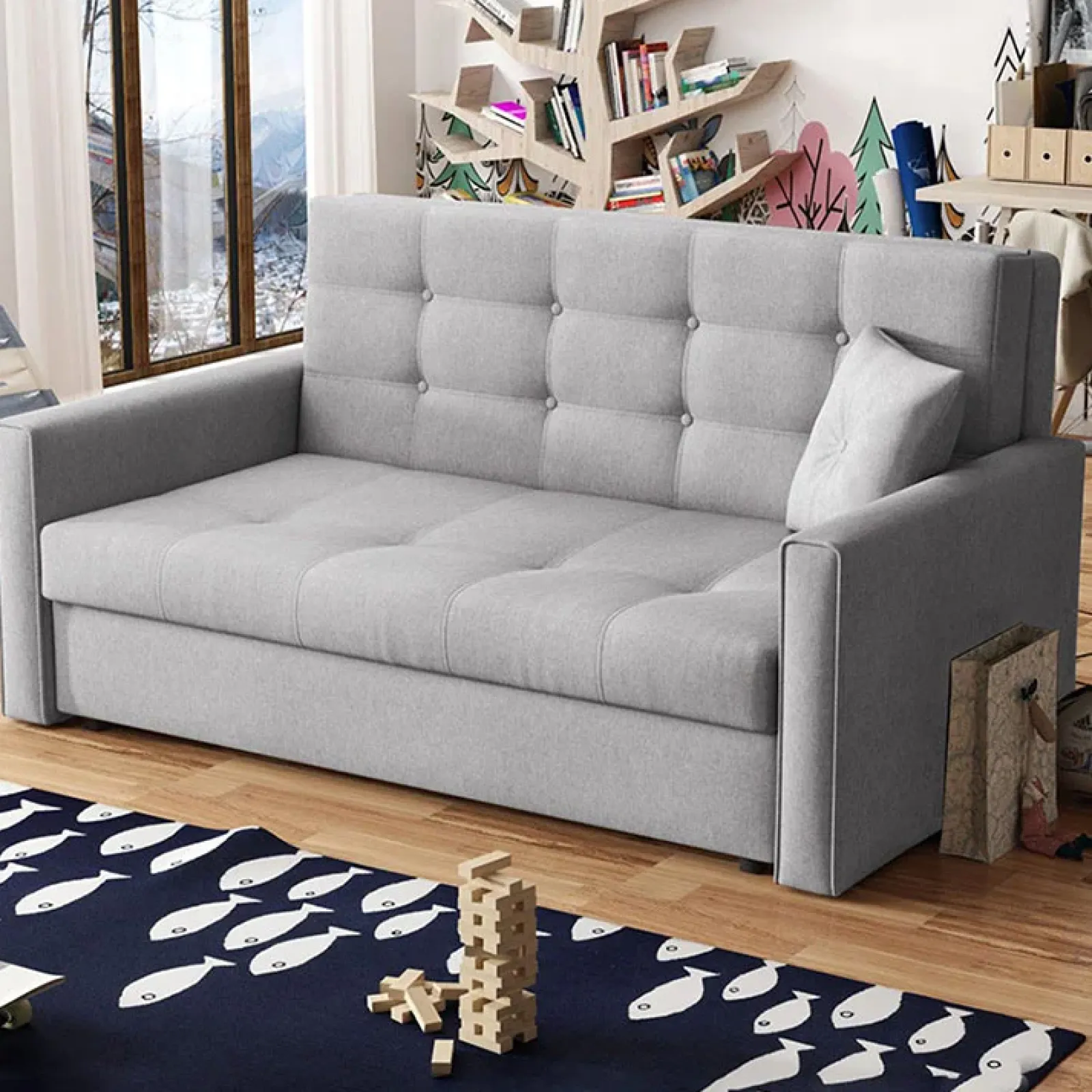 Garnero Arredamenti Divani Letto|Divani Letto-Divano letto 3 posti 153cm imbottito in tessuto grigio Isidore