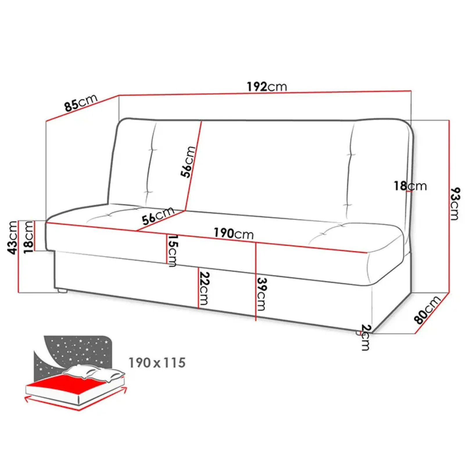 Garnero Arredamenti Divani Lineari|Divani Letto-Divano letto 2 posti 192cm matrimoniale senza braccioli grigio nero Joby Tessuto Lawa Grigio Scuro