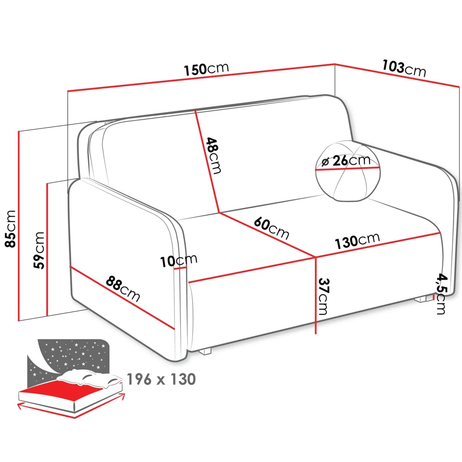 Garnero Arredamenti Divani Lineari|Divani Letto-Divano letto 2 posti 150x103 cm con contenitore e cuscino tessuto velo panna Reposa Tessuto Velo Bianco