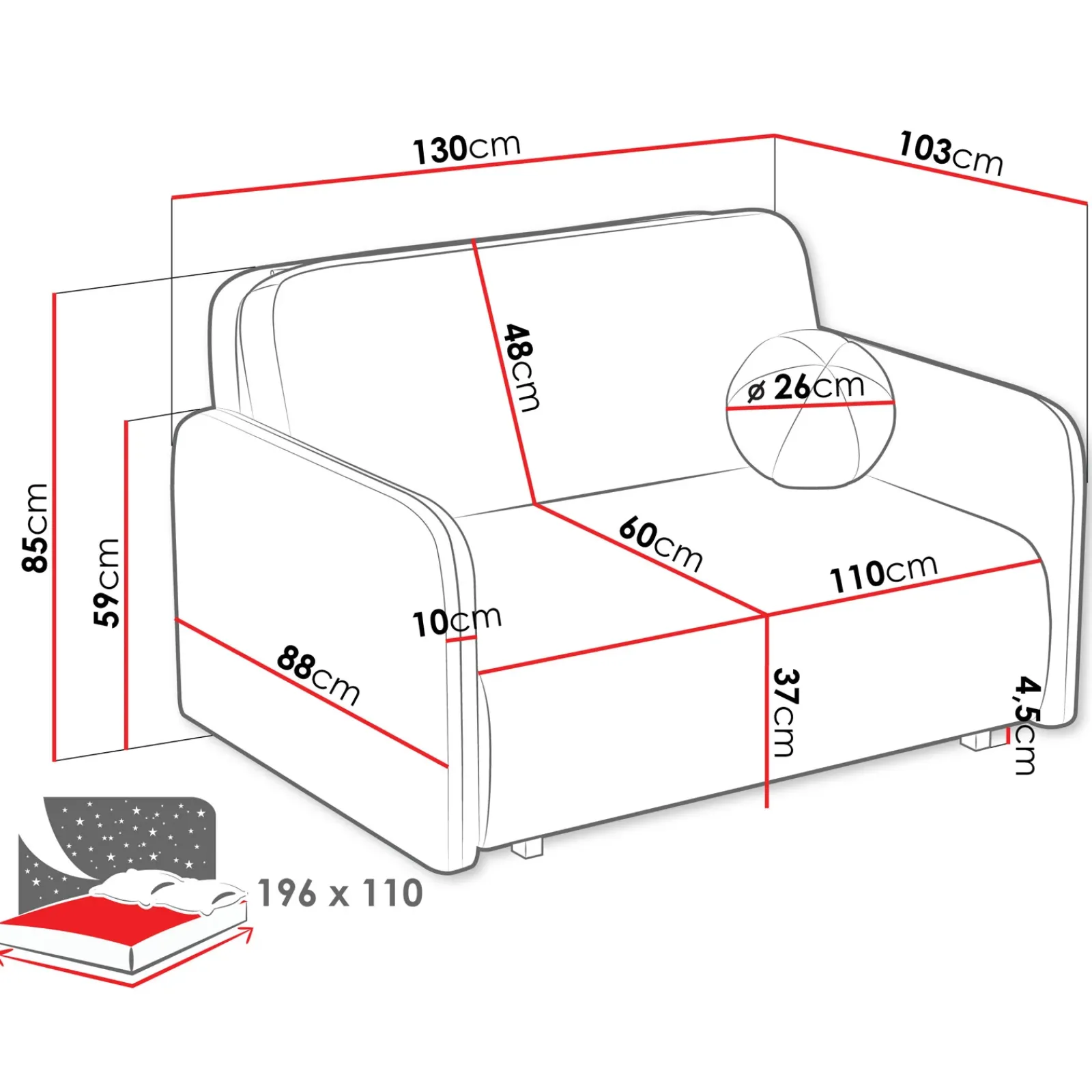 Garnero Arredamenti Divani Lineari|Divani Letto-Divano letto 2 posti 130x103 cm con contenitore e cuscino Reposa Tessuto Bouclé Beige Chiaro