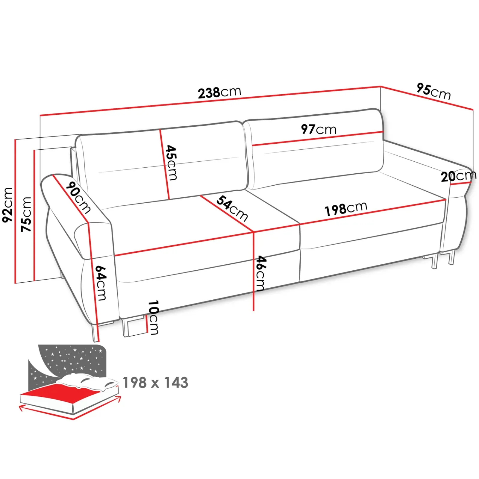 Garnero Arredamenti Divani Lineari|Divani Letto-Divano letto 3 posti 238x95 cm con box contenitore imbottito beige chiaro nero Velissa