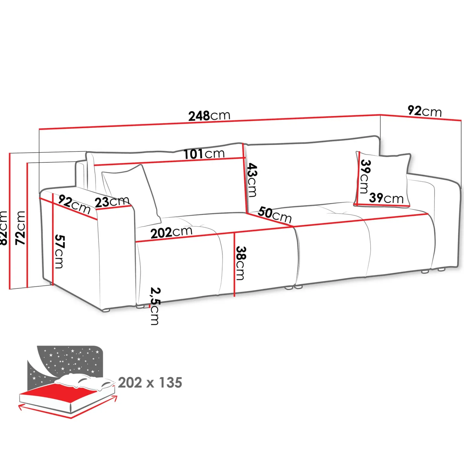 Garnero Arredamenti Divani Lineari|Divani Letto-Divano letto 3 posti 248x90cm con contenitore in Floty Tessuto Velo Rosso Mattone