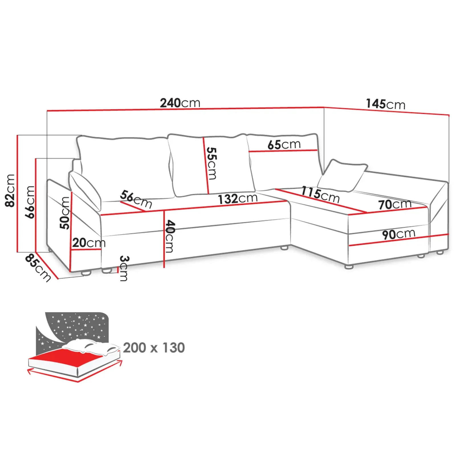 Garnero Arredamenti Divani Angolari|Divani Letto-Divano letto 3 posti 240x145cm matrimoniale angolare grigio nero Appia Tessuto Vellutato Alova Grigio Nero