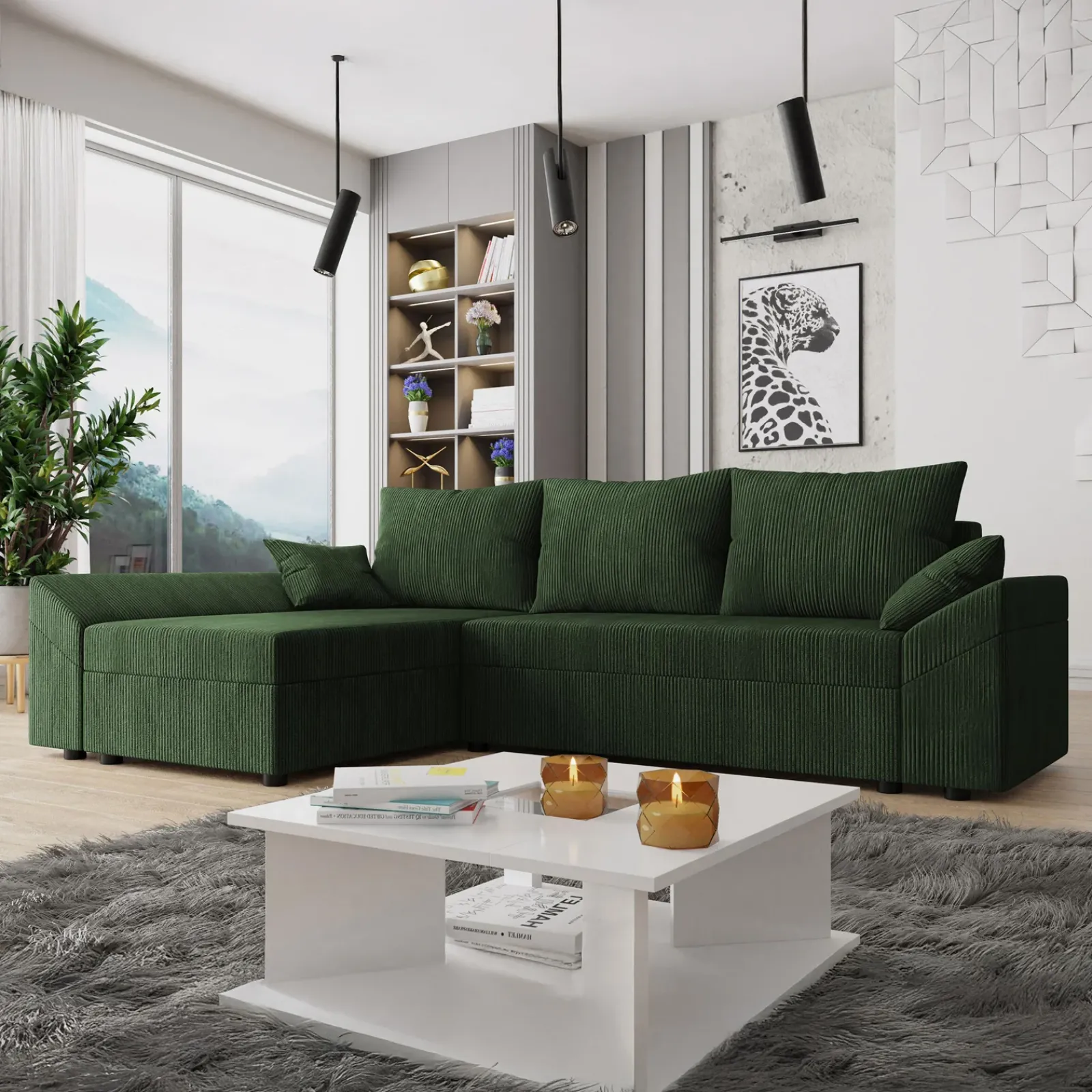 Garnero Arredamenti Divani Angolari|Divani Letto-Divano letto 3 posti 240x145cm matrimoniale angolare velluto a coste verde Appia Velluto Poso Verde