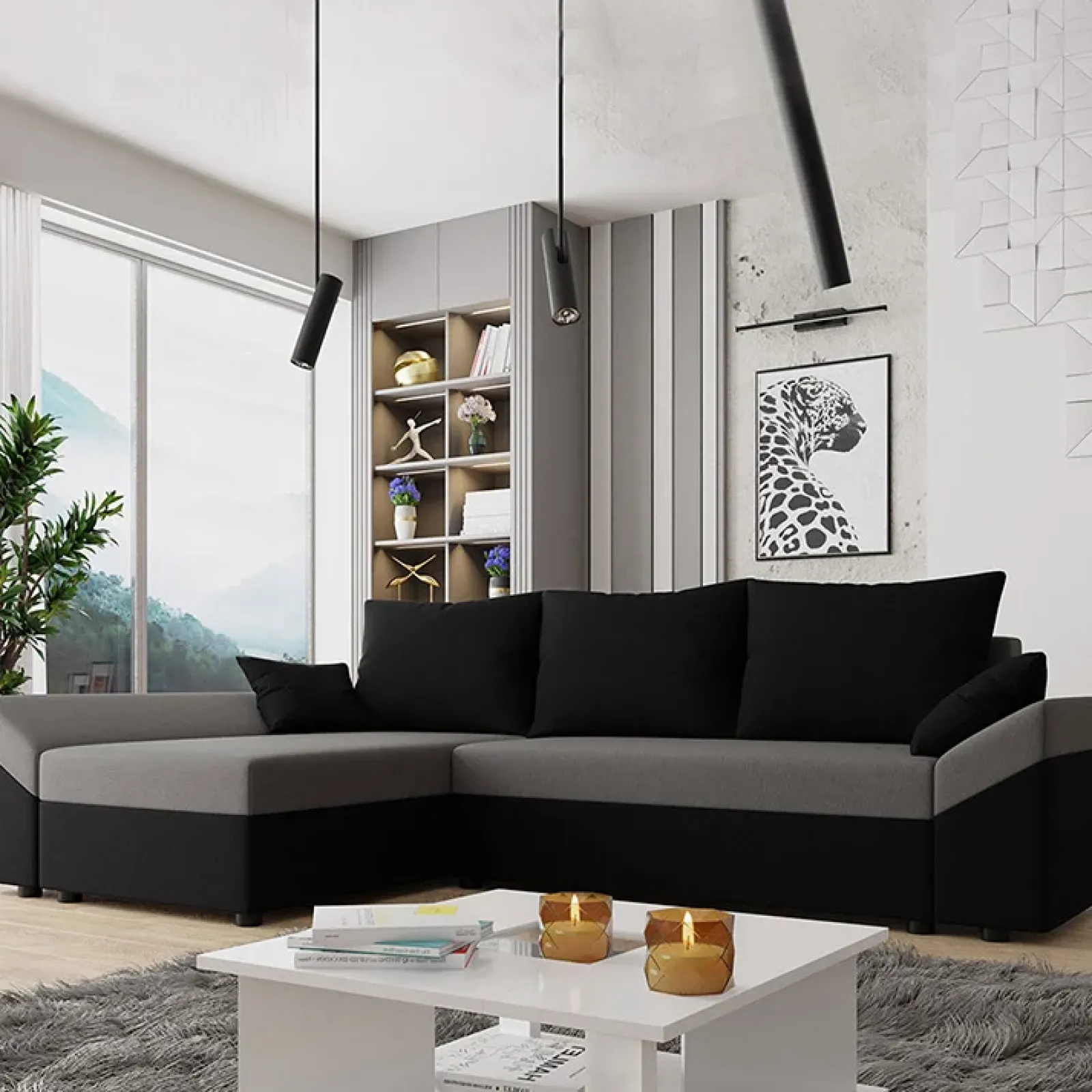 Garnero Arredamenti Divani Angolari|Divani Letto-Divano letto 3 posti 240x145cm matrimoniale angolare nero grigio Appia Tessuto Vellutato Alova Nero Grigio