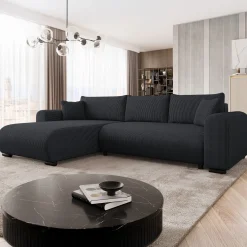 Garnero Arredamenti Divani Angolari|Divani Letto-Divano letto angolare 4 posti 285x188cm con contenitore tessuto velluto a coste nero Soft Velluto a Coste Poso Nero