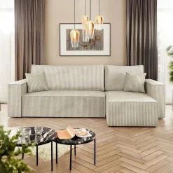 Garnero Arredamenti Divani Angolari|Divani Letto-Divano letto angolare 3 posti 244x145cm con box contenitore velluto a coste beige Ploffy