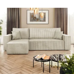 Garnero Arredamenti Divani Angolari|Divani Letto-Divano letto angolare 3 posti 244x145cm con box contenitore velluto a coste beige Ploffy