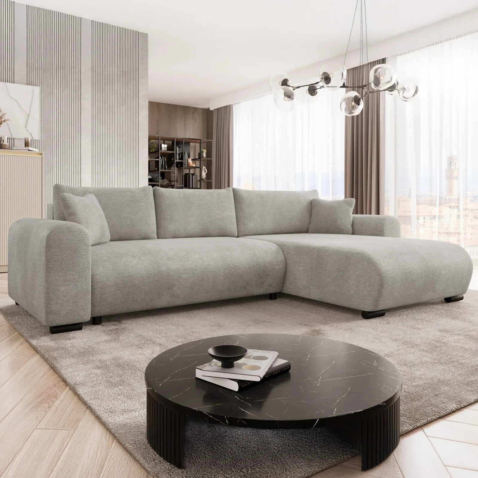 Garnero Arredamenti Divani Angolari|Divani Letto-Divano letto angolare 4 posti 285x188cm con contenitore imbottito tessuto grigio Soft Tessuto Wave Grigio