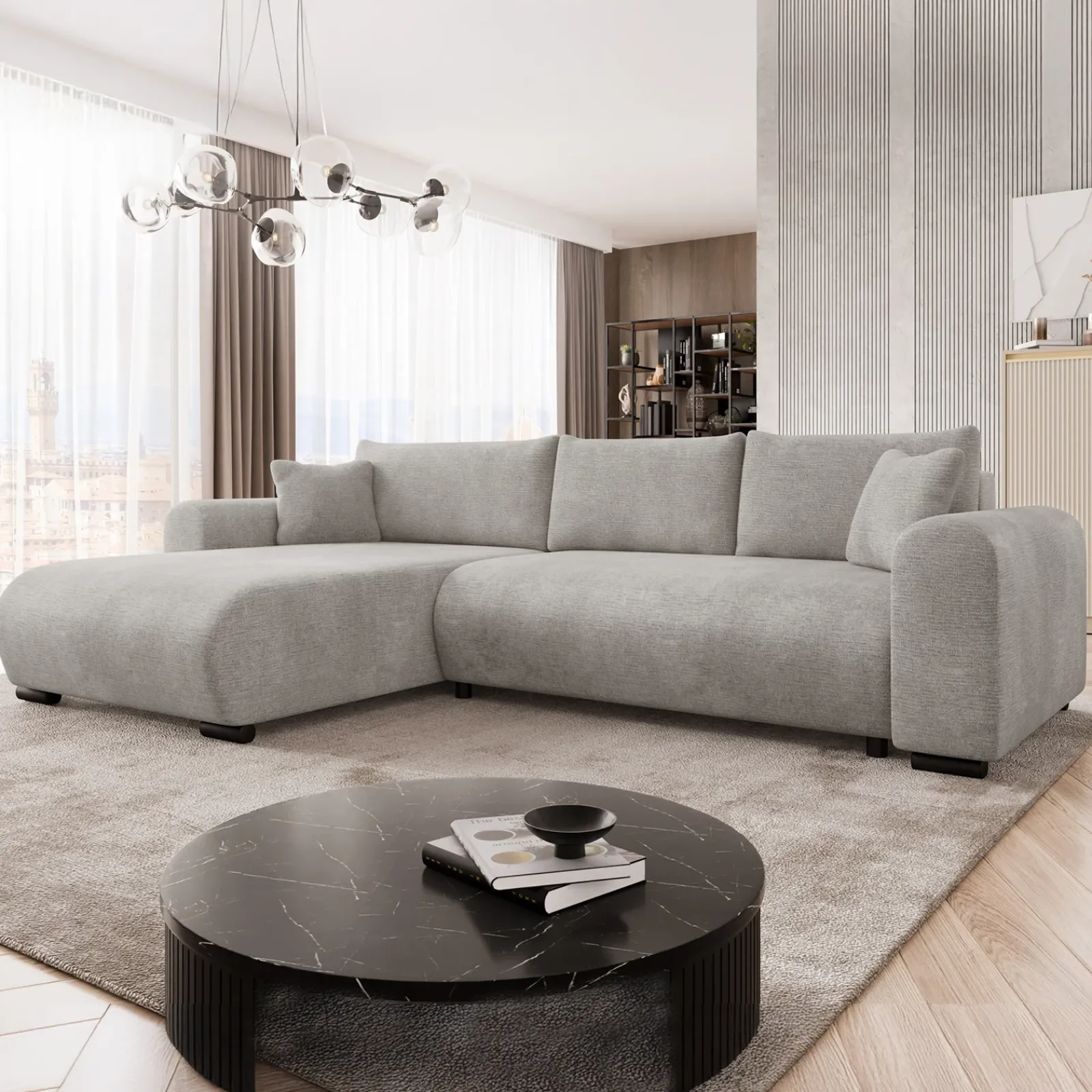 Garnero Arredamenti Divani Angolari|Divani Letto-Divano letto angolare 4 posti 285x188cm con contenitore imbottito tessuto grigio Soft Tessuto Wave Grigio