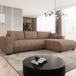 Garnero Arredamenti Divani Angolari|Divani Letto-Divano letto angolare 4 posti 285x188cm con contenitore tessuto bouclé marrone chiaro Soft Tessuto Bouclè Marrone Chiaro
