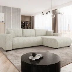 Garnero Arredamenti Divani Angolari|Divani Letto-Divano letto angolare 4 posti 285x188cm con contenitore Soft Tessuto Bouclé Beige Chiaro