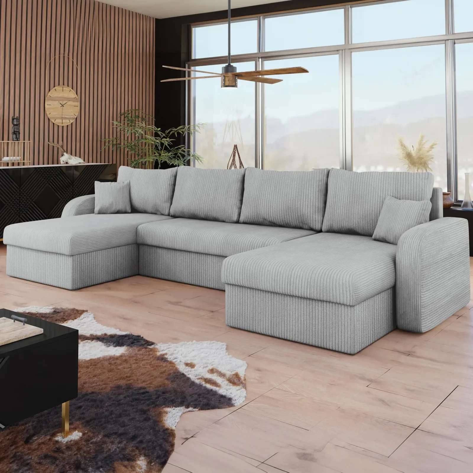 Garnero Arredamenti Divani Panoramici|Divani Angolari-Divano letto angolare 5 posti 304cm con contenitore velluto a coste grigio Assunta Velluto Poso Grigio