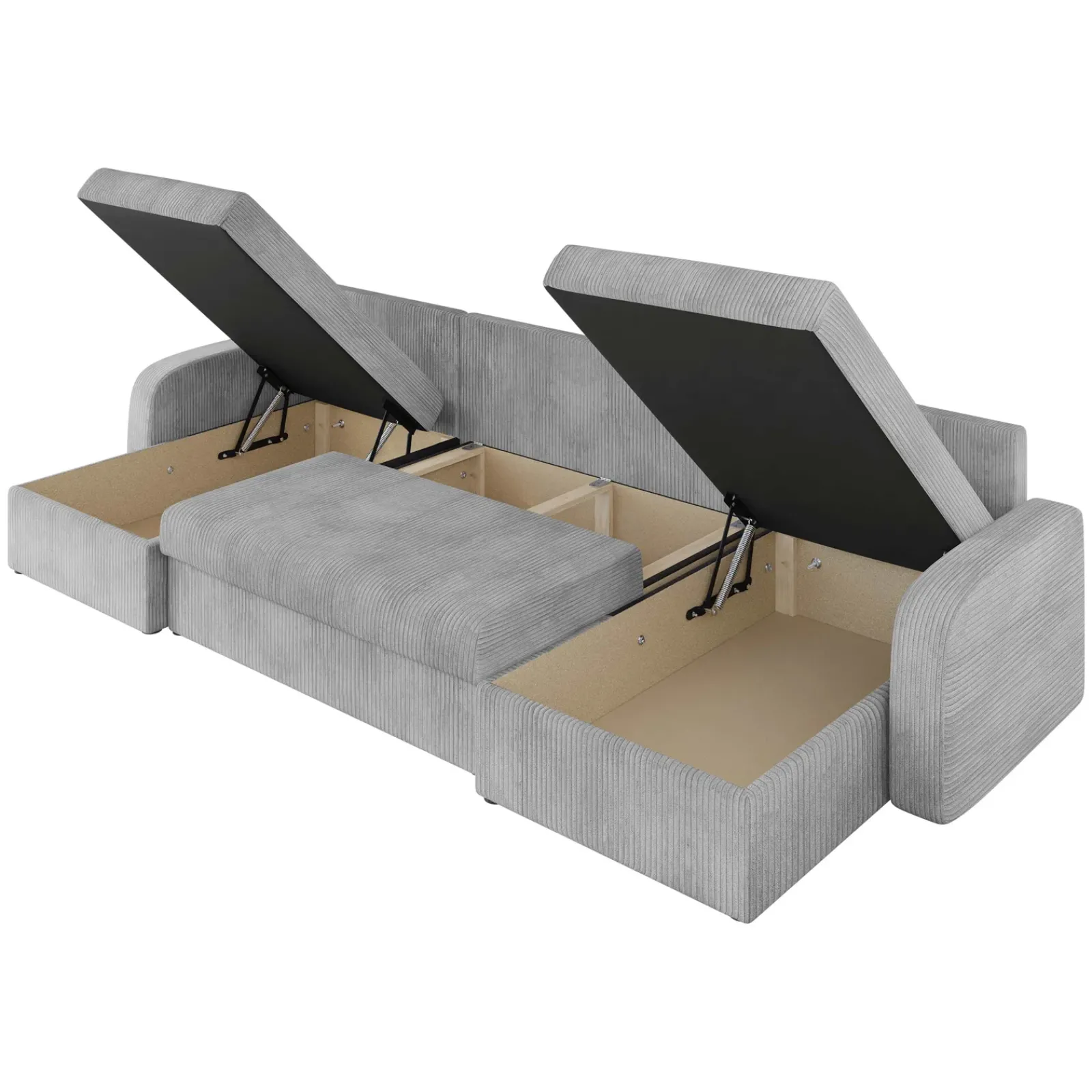 Garnero Arredamenti Divani Panoramici|Divani Angolari-Divano letto angolare 5 posti 304cm con contenitore velluto a coste grigio Assunta Velluto Poso Grigio