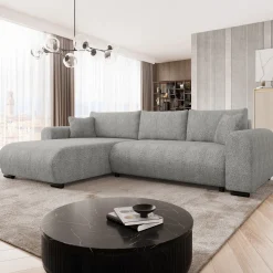 Garnero Arredamenti Divani Angolari|Divani Letto-Divano letto angolare 4 posti 285x188cm con contenitore Soft Tessuto Bouclé Grigio chiaro