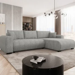 Garnero Arredamenti Divani Angolari|Divani Letto-Divano letto angolare 4 posti 285x188cm con contenitore Soft Tessuto Bouclé Grigio chiaro