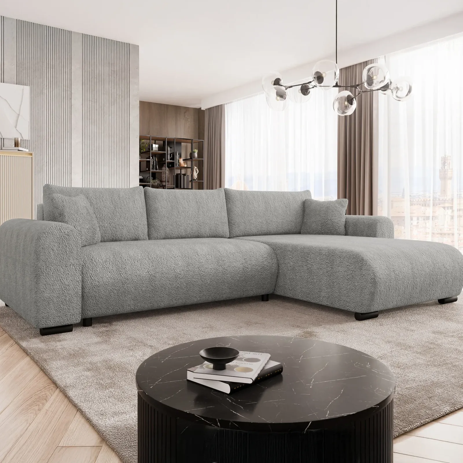 Garnero Arredamenti Divani Angolari|Divani Letto-Divano letto angolare 4 posti 285x188cm con contenitore Soft Tessuto Bouclé Grigio chiaro