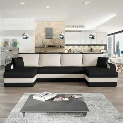 Garnero Arredamenti Divani Panoramici|Divani Angolari-Divano letto angolare 5 posti 304cm contenitore nero ecru Assunta Tessuto Vellutato Alova Nero Beige